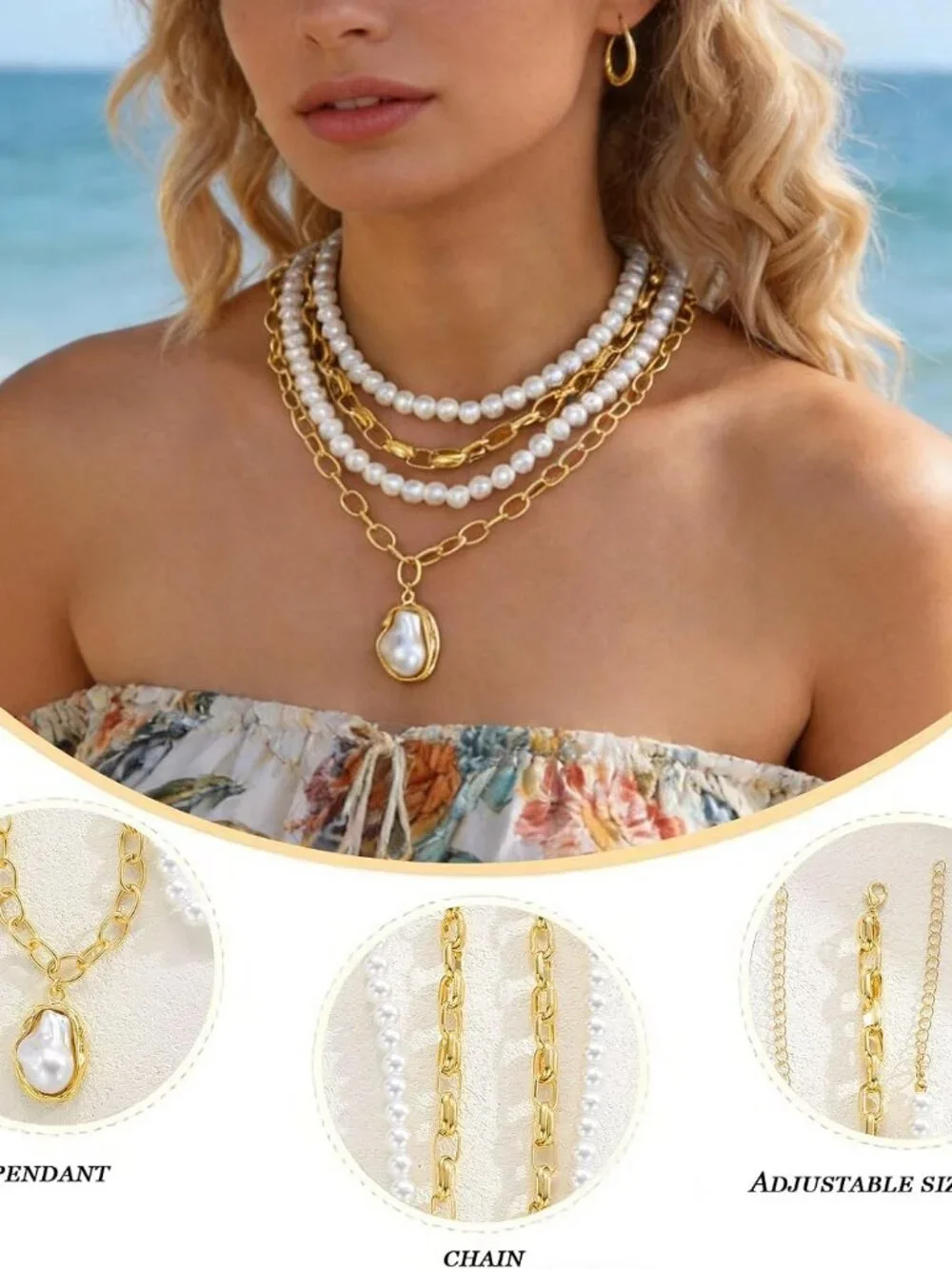 New Women's Gold Layered Chain Necklace Baroque Pearl Pendant Stack Choker